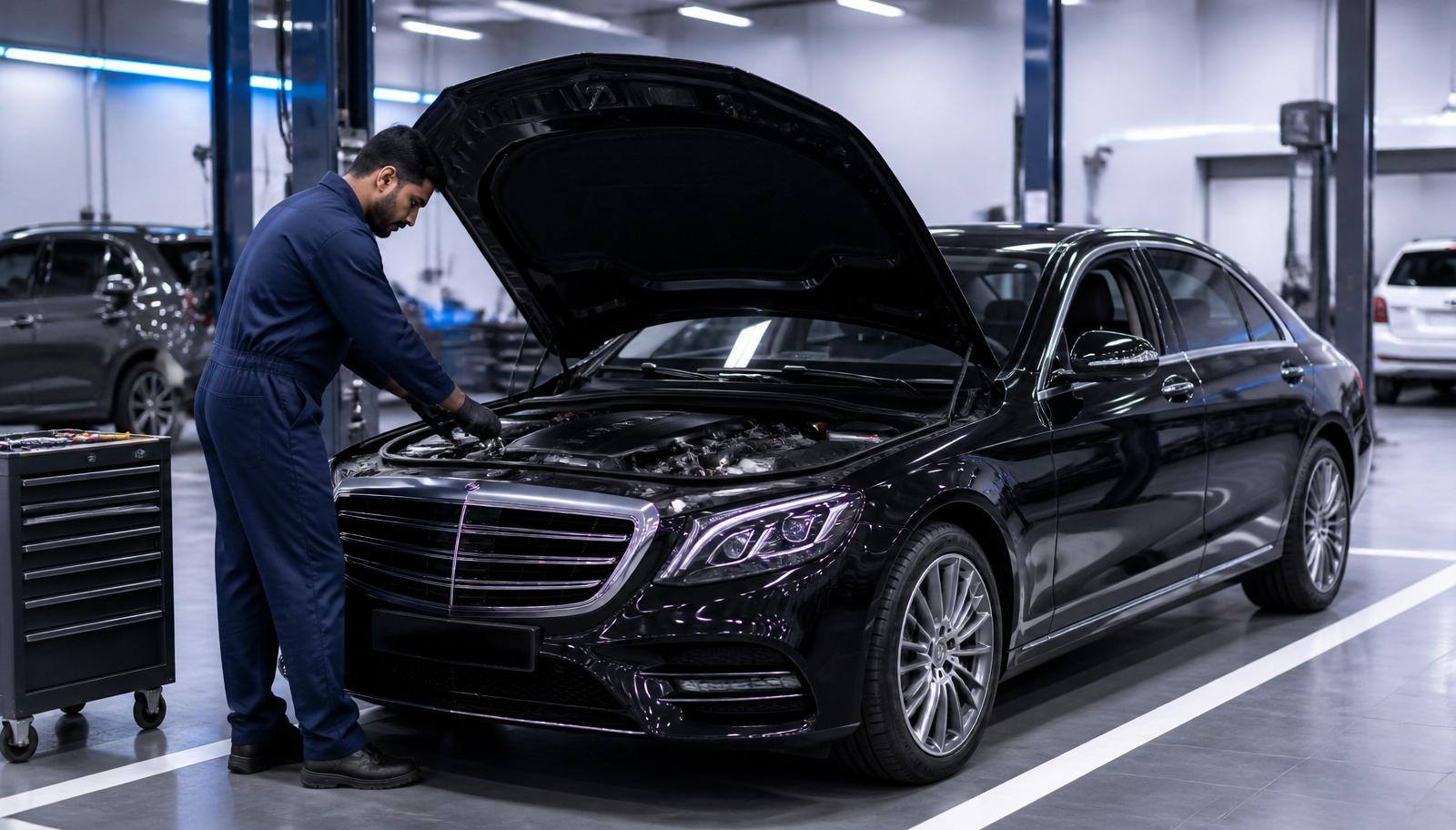 Fleet NEXUS mechanic performing preventive service on an executive sedan